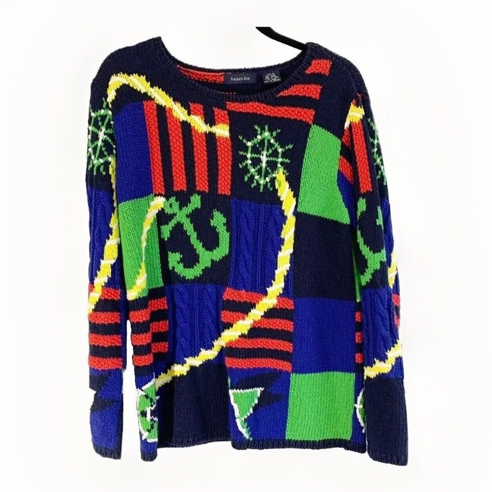 Eagle’s Eye Vintage Artsy Nautical Sweater Women’s Medium Colorful Maximalist